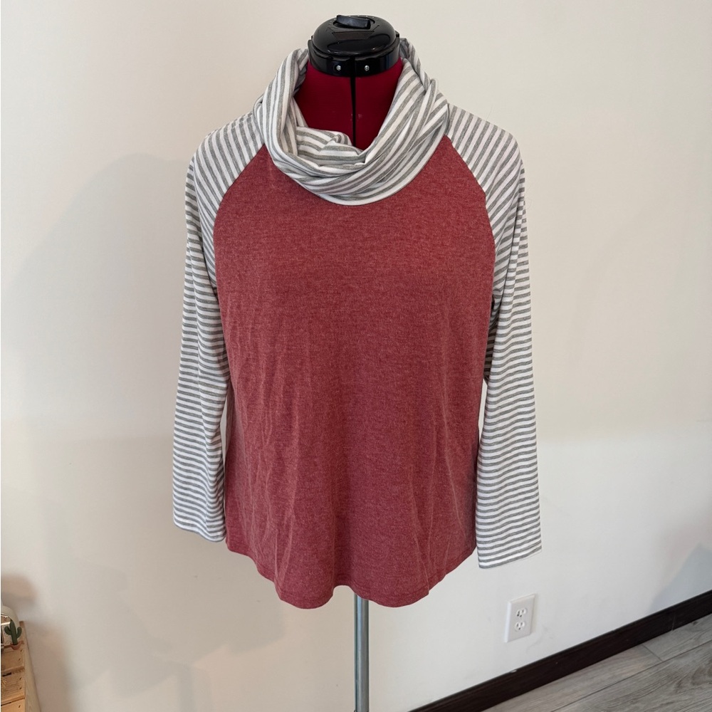 Striped Sleeve Cowl Neck Sweater - Red and Gray